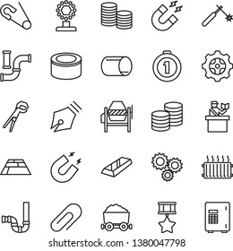 thin line vector icon set - clip vector, open pin, concrete mixer, adjustable wrench, siphon, paving slab, coins, canned goods, water pipes, gear, pipe, welding, aluminum radiator, trolley with coal