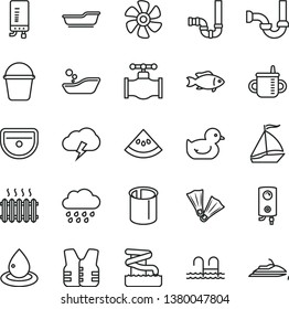 thin line vector icon set - mug for feeding vector, baby duckling, children's bathroom, bath, rainy cloud, bucket, sink, siphon, sewerage, boiler, electronic, storm, fish, slice of water melon, pool