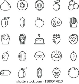 thin line vector icon set - cake vector, sausage, glazed with a hole, French fries, fried potato slices, cup of popcorn, omelette, strawberry, strawberries, half apricot, fig, blueberry, blueberries