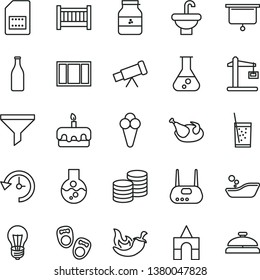 thin line vector icon set - baby cot vector, children's bathroom, box of bricks, shoes for little children, window frame, washbasin, coins, torte, chicken, chili, a glass soda, cone, jar jam, bulb