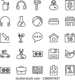 thin line vector icon set - negative chart vector, download archive data, baby bath ball, packing of juice with a straw, dwelling, brick, calendar, speech, book, headphones, suitcase, chili, kiosk