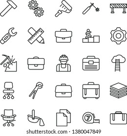 thin line vector icon set - clean paper vector, cogwheel, adjustable wrench, long meashuring tape, paint roller, portfolio, writing accessories, road fence, hammer, case, pile, suitcase, coal mining