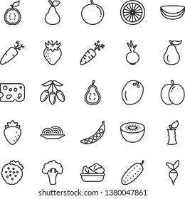 thin line vector icon set - piece of cheese vector, onion, lettuce in a plate, cucumber, beet, carrot, strawberries, pear, apple, raspberry, strawberry, goji berry, tangerine, kiwi, half orange