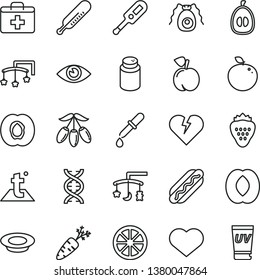 thin line vector icon set - heart symbol vector, first aid kit, toys over the cradle, cot, powder, electronic thermometer e, mercury, temperature, broken, eye, Hot Dog, a plate of milk, strawberry