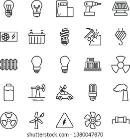thin line vector icon set - hook vector, cordless drill, saving light bulb, new radiator, marine propeller, charge level, working oil derrick, coal mining, modern gas station, wind energy, battery