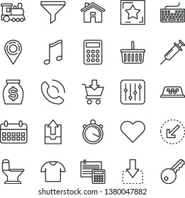 thin line vector icon set - house vector, grocery basket, keyboard, upload archive data, comfortable toilet, calculation, left bottom arrow, heart, music, regulator, put in cart, T shirt, phone call