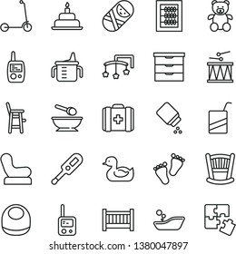 thin line vector icon set - cradle vector, baby cot, toys over the, storage unit, measuring cup for feeding, new abacus, powder, bib, chair, electronic thermometer e, rubber duck, medical bag, child