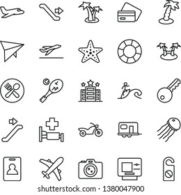 thin line vector icon set - plane vector, camper, hang glider, motorcycle, escalator, identity card, departure, atm, credit, palm tree, hospital bed, cafe, starfish, surfing, hotel, camera, tennis