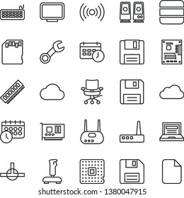 thin line vector icon set - floppy disk vector, laptop, processor, keyboard, motherboard, memory, pc card, monitor, router, speaker, connect, wireless, joystick, chair, sd, big data, repair, cloud