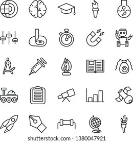 thin line vector icon set - book vector, square academic hat, flask, telescope, brain, settings, satellite, bactery, globe, magnet, flame, clipboard, drawing compass, artifical insimination, robot