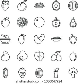 thin line vector icon set - deep plate with a spoon vector, onion, slices of, cabbage, fried egg, strawberry, ripe peach, red apple, tasty, cornels, melon, water, mango, delicious plum, half cherry
