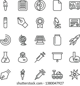 thin line vector icon set - jar vector, file, flask, test tube, microscope, globe, oscilloscope, scientist, clipboard, artifical insimination, radar, earth core, medal, sun panel, rocket, syringe