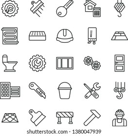 thin line vector icon set - hook vector, winch, gears, window frame, small tools, bucket, comfortable toilet, key, interroom door, city block, construction helmet, estimate, brick, putty knife, gear