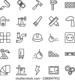 thin line vector icon set - brickwork vector, brick wall, big core, hand saw, new roller, sample of colour, lay out flat, power socket type f, door knob, building level, writing accessories, tile