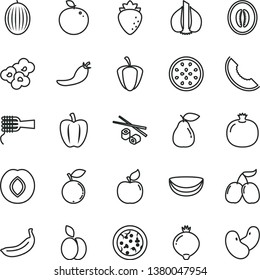 thin line vector icon set - pizza vector, noodles, Chinese chopsticks, popcorn, apple, pomegranate, pear, apricot, plum, raspberry, medlar, blueberry, tasty cornels, melon, slice of, half, banana
