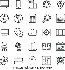 thin line vector icon set - monitor vector, calendar, briefcase, window frame, screen, smartphone, regulator, modern gas station, planet Earth, processor, portfolio, black clock, phone call, chair