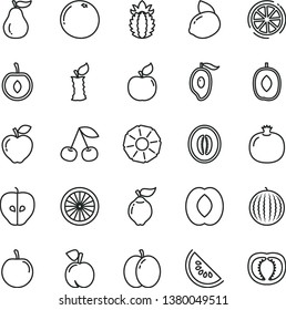 thin line vector icon set - cherry vector, peach, apple, pomegranate, quince, apricot, red, tasty, water melon, slice of, half mango, delicious plum, yellow lemon, orange, ripe pineapple, grapefruit