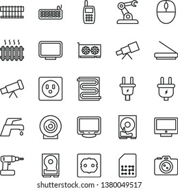 thin line vector icon set - cordless drill vector, power socket type f, heating coil, faucet mixer, screen, lens, plug, electric, assembly robot, SIM, cast iron radiator, mobile phone, fan, mouse
