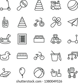 thin line vector icon set - paper airplane vector, toys over the cot, new abacus, beanbag, baby rattle, duckling, bath ball, stacking rings, toy, motor vehicle present, mobile phone, sand set, train