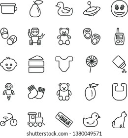 thin line vector icon set - baby powder vector, bib, Child T shirt, rubber duck, duckling, warm socks, toy mobile phone, children's potty, teddy bear, small, hairdo, train, yule, tricycle, lollipop