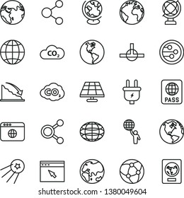 thin line vector icon set - sign of the planet vector, globe, earth, passport, solar panel, plug, CO2, carbon dyoxide, connection, connections, recession, network, browser, connect, man hold world