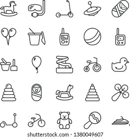 thin line vector icon set - beanbag vector, baby rattle, duckling, bath ball, stacking rings, toy, roly poly doll, tumbler, phone, mobile, sand set, children's, small teddy bear, yule, rocking horse