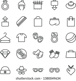 thin line vector icon set - paper bag vector, spectacles, hat, with glasses, bath ball, comb, warm socks, Knitted, shoes for little children, winter, T shirt, hanger, cloth industry, purse, hand
