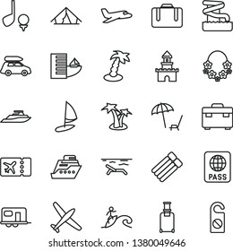 thin line vector icon set - suitcase vector, passport, sand castle, plane, car baggage, camper, rolling, ticket, hotel, tent, beach, arnchair under umbrella, palm tree, hawaii wreath, aquapark, golf