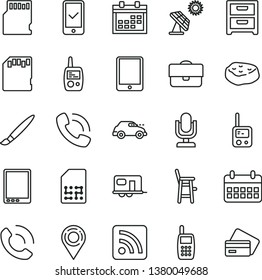 thin line vector icon set - tassel vector, desktop microphone, calendar, rss feed, toy phone, mobile, a chair for feeding child, nightstand, call, piece of meat, big solar panel, retro car, SIM