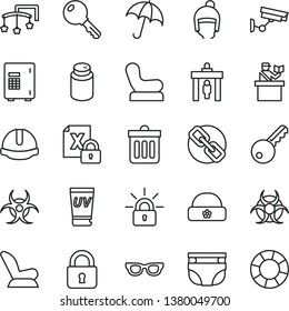 thin line vector icon set - spectacles vector, toys over the cot, nappy, powder, Baby chair, car child seat, winter hat, warm, construction helmet, dust bin, lock, key, umbrella, encrypting, glasses