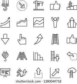 thin line vector icon set - downward direction vector, line chart, growth, positive histogram, crane, hook, winch, stepladder, ladder, index finger, thumb up, move, left, right bottom arrow, man
