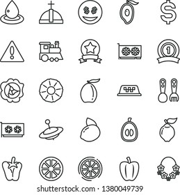 thin line vector icon set - warning vector, plastic fork spoons, children's train, yule, peper, squash, quince, half of mango, loquat, yellow lemon, juicy, slice, pineapple, Bell pepper, drop oil