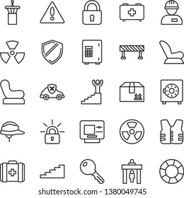 thin line vector icon set - warning vector, Baby chair, car child seat, bag of a paramedic, medical, workman, helmet, road fence, lock, key, strongbox, cardboard box, radiation hazard, autopilot