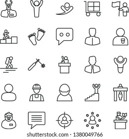 thin line vector icon set - image of thought vector, cargo trolley, footprints, builder, employee, racer, welding, woman, man, in sight, think, scientist, winner, carrer stairway, hands up, speaker