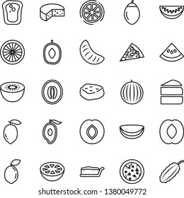 thin line vector icon set - cheese vector, pizza, piece of, cake, slice, meat, sandwich, plum, water melon, half mango, delicious, peach, tangerine, lemon, kiwi, tamarillo, sour lime, orange