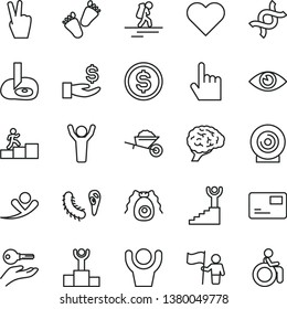 thin line vector icon set - children's tracks vector, garden trolley, heart, index finger, eye, pass card, lens, dollar, get a wage, dna, brain, bactery, artifical insimination, winner podium
