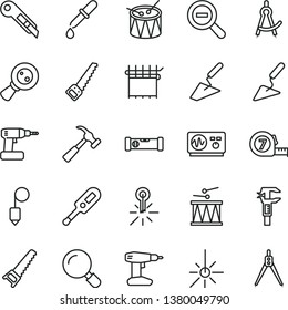 thin line vector icon set - zoom out vector, electronic thermometer e, drumroll, drum, trowel, building, cordless drill, hand saw, arm, long meashuring tape, construction level, plummet, magnifier