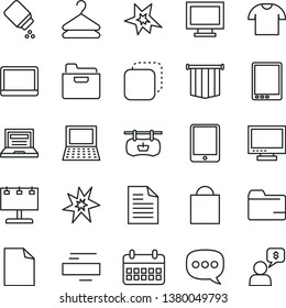 thin line vector icon set - laptop vector, monitor, window, paper bag, clean sheet of, scribbled, folder, minus, baby powder, T shirt, hanger, copy, antique advertising signboard, calendar, speech