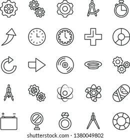 thin line vector icon set - prohibition vector, clock face, right direction, plus, clockwise, tumbler, cogwheel, timer, CD, plate, accumulator, gear, gears, Measuring compasses, ring diagram, atom