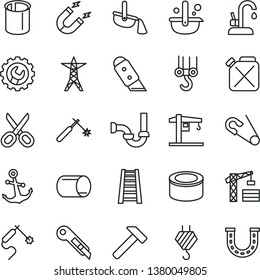thin line vector icon set - scissors vector, open pin, crane, tower, hook, winch, stepladder, sewerage, gear, knife, stationery, kitchen faucet, hammer, anchor, canned goods, power line, canister