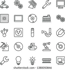 Thin Line Vector Icon Set - Camera Vector, Repair Key, Monitor, Gears, Sewerage, Bulb, Coal Mining, Hydroelectricity, Socket, Environmentally Friendly Transport, Horseshoe Magnet, Processor, Usb, Cd