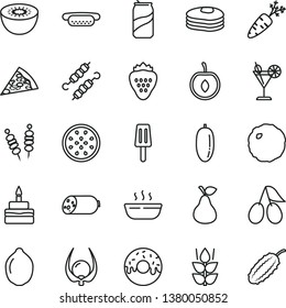 thin line vector icon set - sausage vector, fried vegetables on sticks, piece of pizza, mini hot dog, birthday cake, glazed with a hole, porridge, meat skewers, cabbage, cocktail, soda can, popsicle