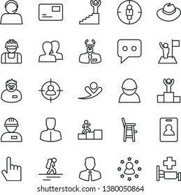 thin line vector icon set - women vector, hat, a chair for feeding child, workman, employee, index finger, pass card, racer, builder, woman, man in sight, goal, operator, think, scientist, with flag