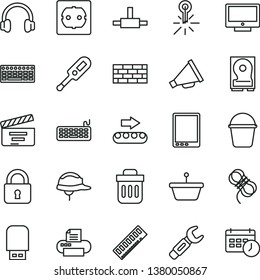 thin line vector icon set - horn vector, movie cracker, electronic thermometer e, brickwork, bucket, power socket type f, helmet, hawser, lock, screen, production conveyor, mercury, steel repair key