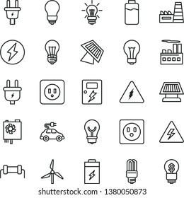 thin line vector icon set - danger of electricity vector, matte light bulb, power socket type b, dangers, charge level, charging battery, windmill, plug, electric, industrial building, thermal plant