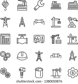 thin line vector icon set - repair key vector, tower crane, hook, construction helmet, working oil derrick, valve, hydroelectric station, hydroelectricity, power line, pole, industrial building