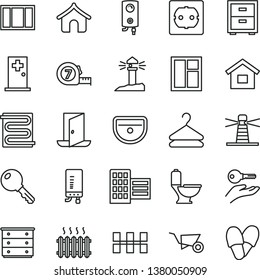thin line vector icon set - bedside table vector, chest of drawers, dwelling, building trolley, window, frame, long meashuring tape, sink, toilet, power socket type f, city block, ceramic tiles, key