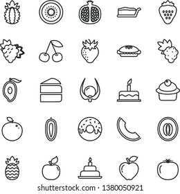 thin line vector icon set - cake vector, birthday, muffin, piece of, slice, glazed with a hole, pie, strawberry, cherry, half pomegranate, grape, branch, apricot, red apple, melon, mango, kiwi