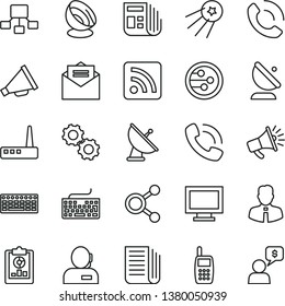 thin line vector icon set - monitor window vector, keyboard, horn, rss feed, employee, received letter, phone call, satellite antenna, connections, statistical overview, hierarchical scheme, mobile