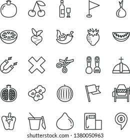 thin line vector icon set - cross vector, pennant, children's sand set, plastic fork spoons, concrete mixer, flag, chili, peper, popcorn, cherry, pomegranate, half, strawberry, fig, water melon